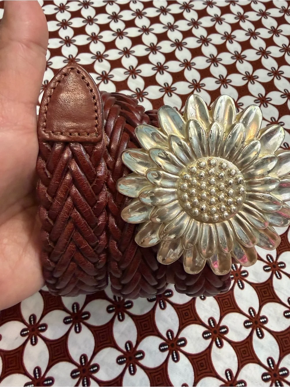 Rockmount Ranch Braided Brown Leather Belt with Silver Sunflower Buckle